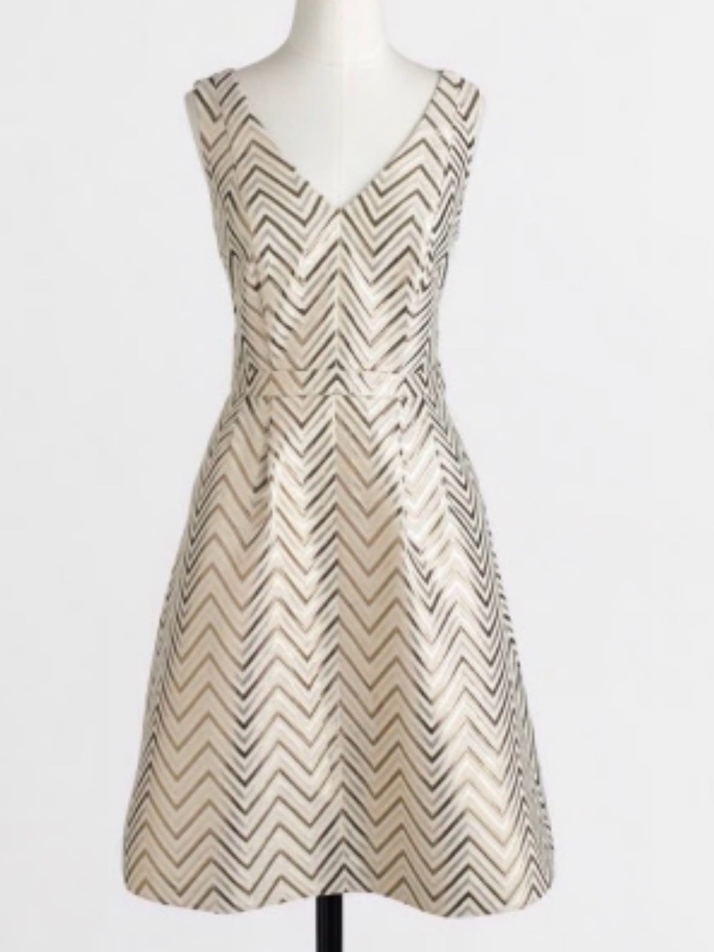 J. Crew Champagne Gold Metallic Chevron V-Neck Midi Dress